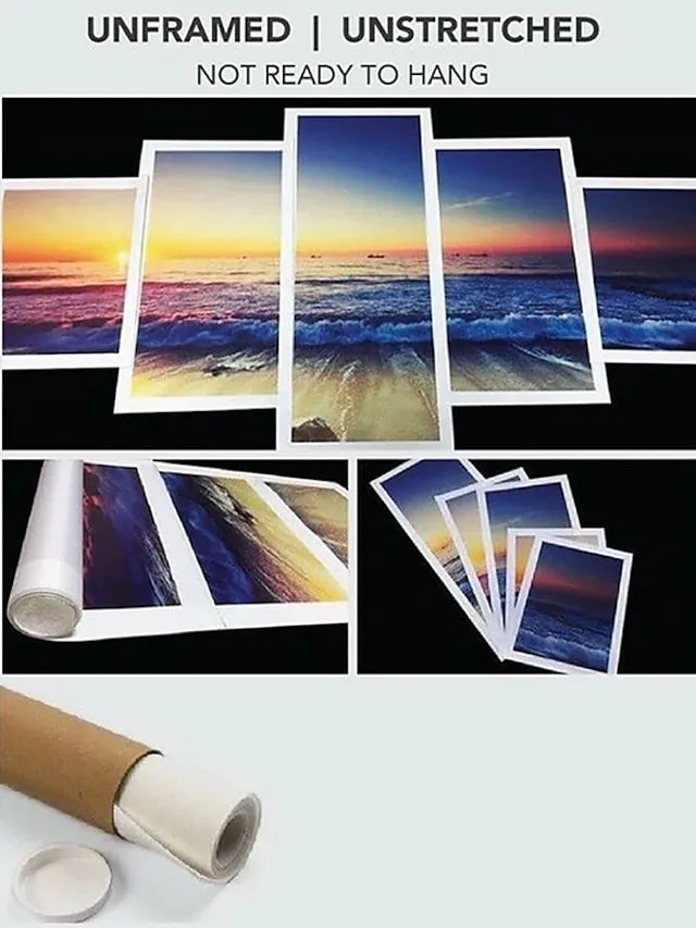 5 Panels Landscape Prints Posters/Picture Beach Blue Sea Sunset Modern Wall Art Wall Hanging Gift Home Decoration Rolled Canvas No Frame Unframed Unstretched