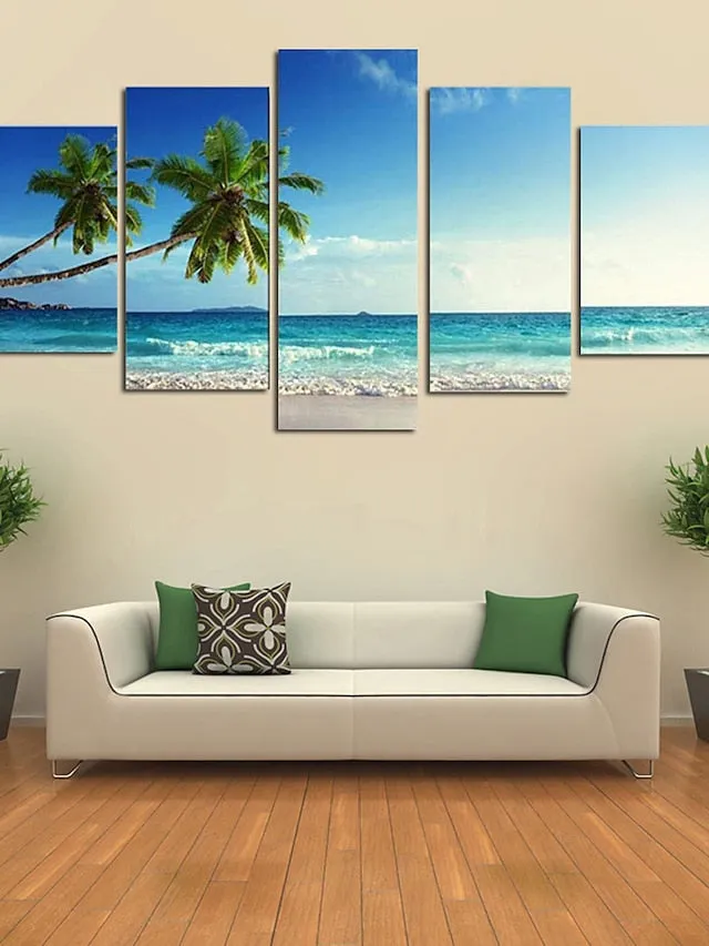 5 Panels Landscape Prints Posters/Picture Beach Blue Sea Sunset Modern Wall Art Wall Hanging Gift Home Decoration Rolled Canvas No Frame Unframed Unstretched