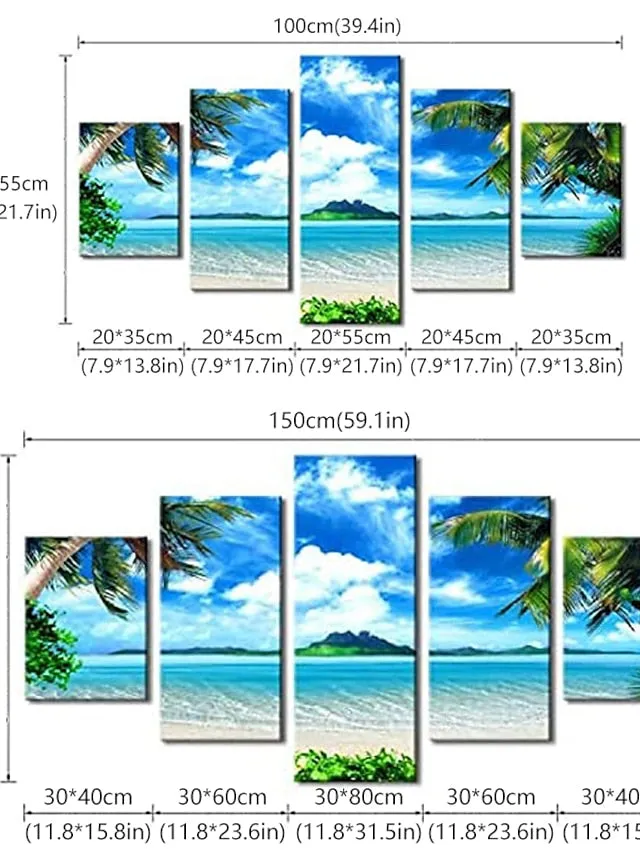 5 Panels Landscape Prints Posters/Picture Beach Blue Sea Sunset Modern Wall Art Wall Hanging Gift Home Decoration Rolled Canvas No Frame Unframed Unstretched