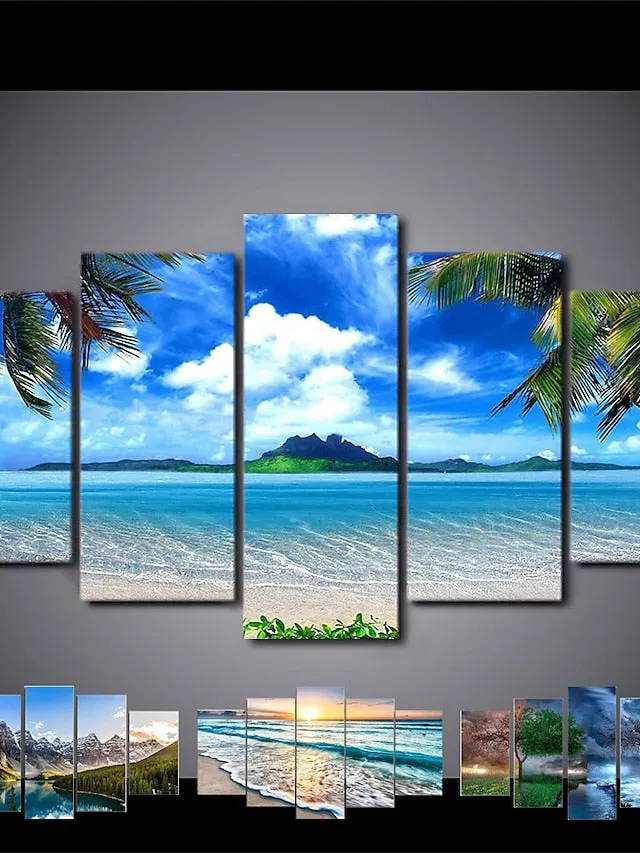 5 Panels Landscape Prints Posters/Picture Beach Blue Sea Sunset Modern Wall Art Wall Hanging Gift Home Decoration Rolled Canvas No Frame Unframed Unstretched