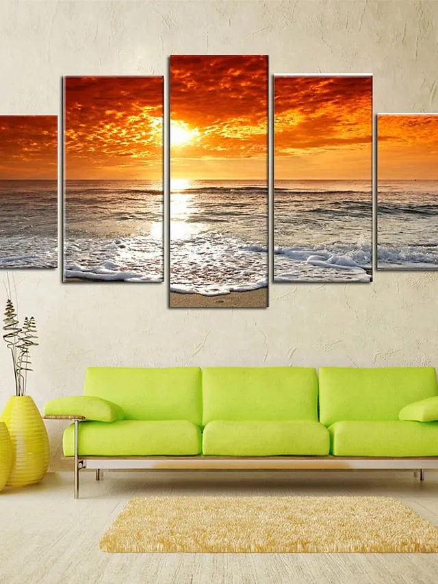 5 Panels Landscape Prints Posters/Picture Beach Blue Sea Sunset Modern Wall Art Wall Hanging Gift Home Decoration Rolled Canvas No Frame Unframed Unstretched