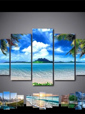 5 Panels Landscape Prints Posters/Picture Beach Blue Sea Sunset Modern Wall Art Wall Hanging Gift Home Decoration Rolled Canvas No Frame Unframed Unstretched