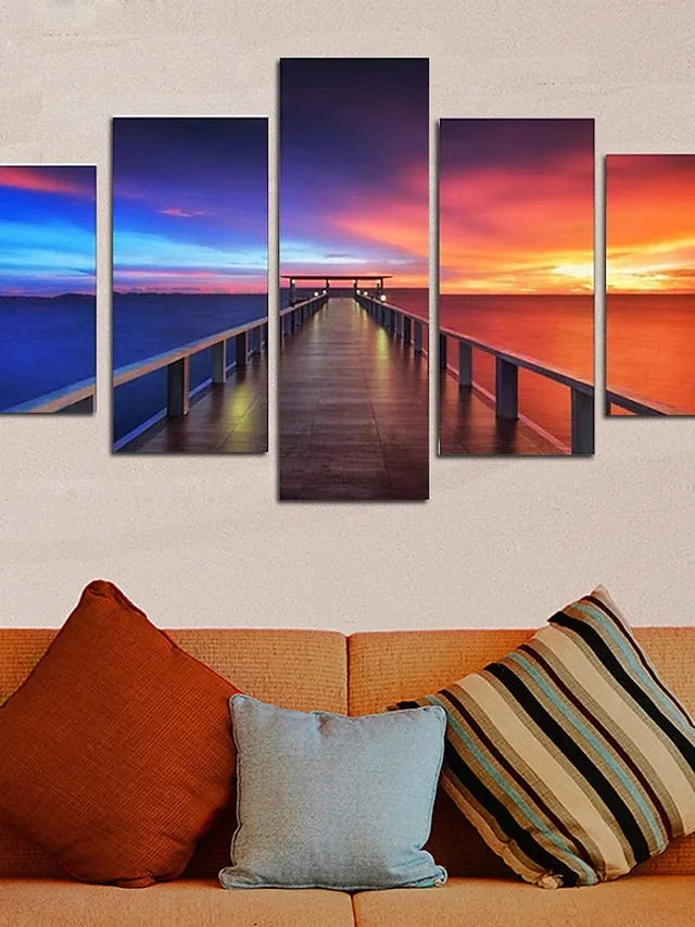 5 Panels Landscape Prints Posters/Picture Beach Blue Sea Sunset Modern Wall Art Wall Hanging Gift Home Decoration Rolled Canvas No Frame Unframed Unstretched