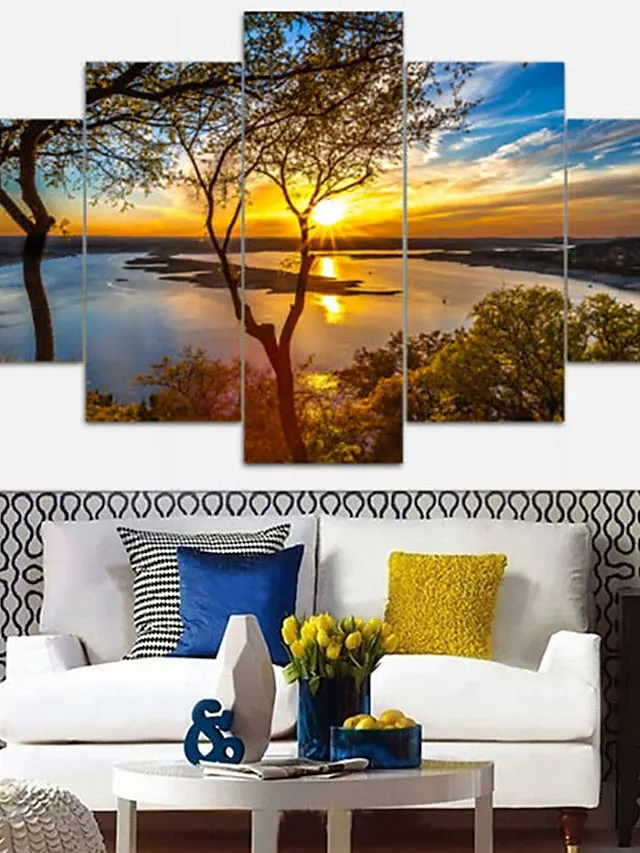 5 Panels Landscape Prints Posters/Picture Beach Blue Sea Sunset Modern Wall Art Wall Hanging Gift Home Decoration Rolled Canvas No Frame Unframed Unstretched