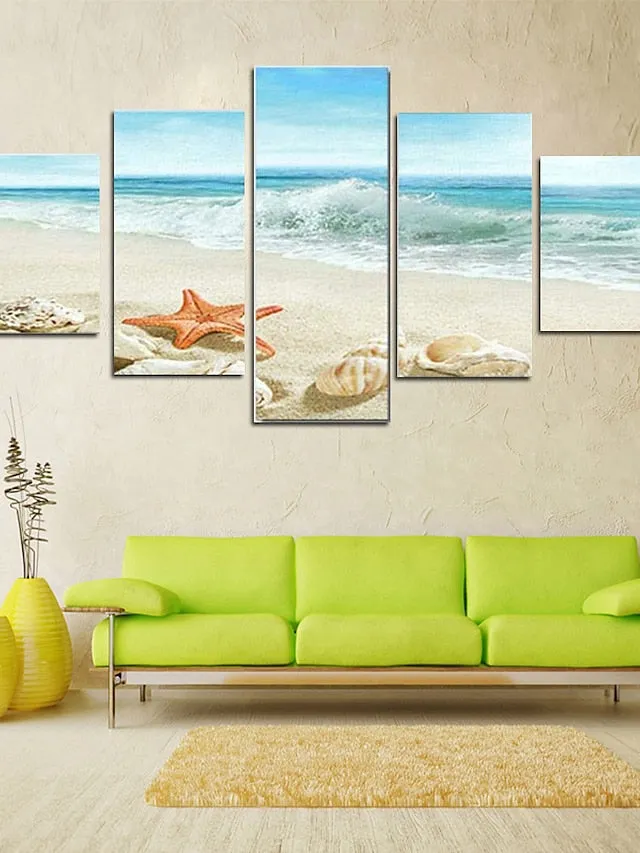 5 Panels Landscape Prints Posters/Picture Beach Blue Sea Sunset Modern Wall Art Wall Hanging Gift Home Decoration Rolled Canvas No Frame Unframed Unstretched