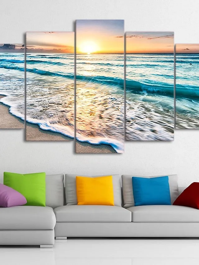 5 Panels Landscape Prints Posters/Picture Beach Blue Sea Sunset Modern Wall Art Wall Hanging Gift Home Decoration Rolled Canvas No Frame Unframed Unstretched