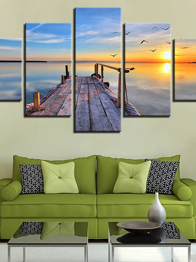 5 Panels Landscape Prints Posters/Picture Beach Blue Sea Sunset Modern Wall Art Wall Hanging Gift Home Decoration Rolled Canvas No Frame Unframed Unstretched