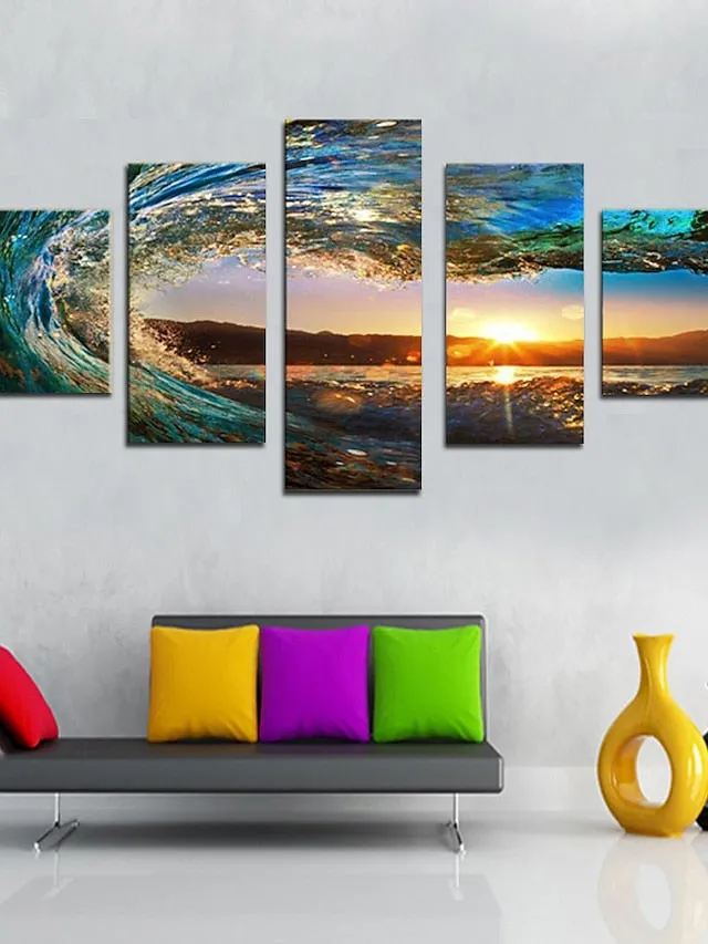 5 Panels Landscape Prints Posters/Picture Beach Blue Sea Sunset Modern Wall Art Wall Hanging Gift Home Decoration Rolled Canvas No Frame Unframed Unstretched