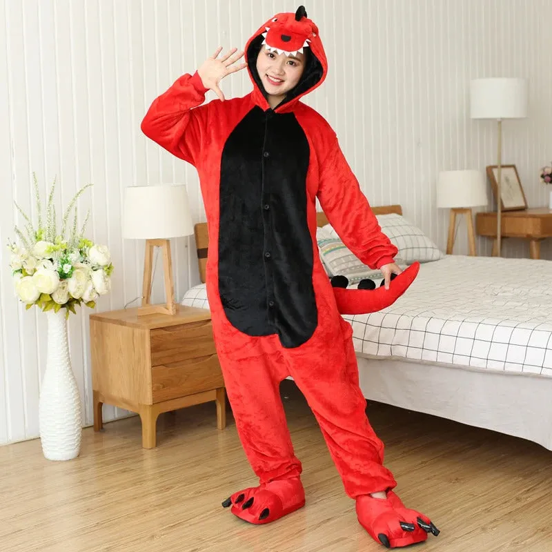 Adults Dinosaur Cartoon Pajamas Animal Onesies Cosplay Costumes Jumpsuit Hooded Sleepwear Halloween One Piece for Performing