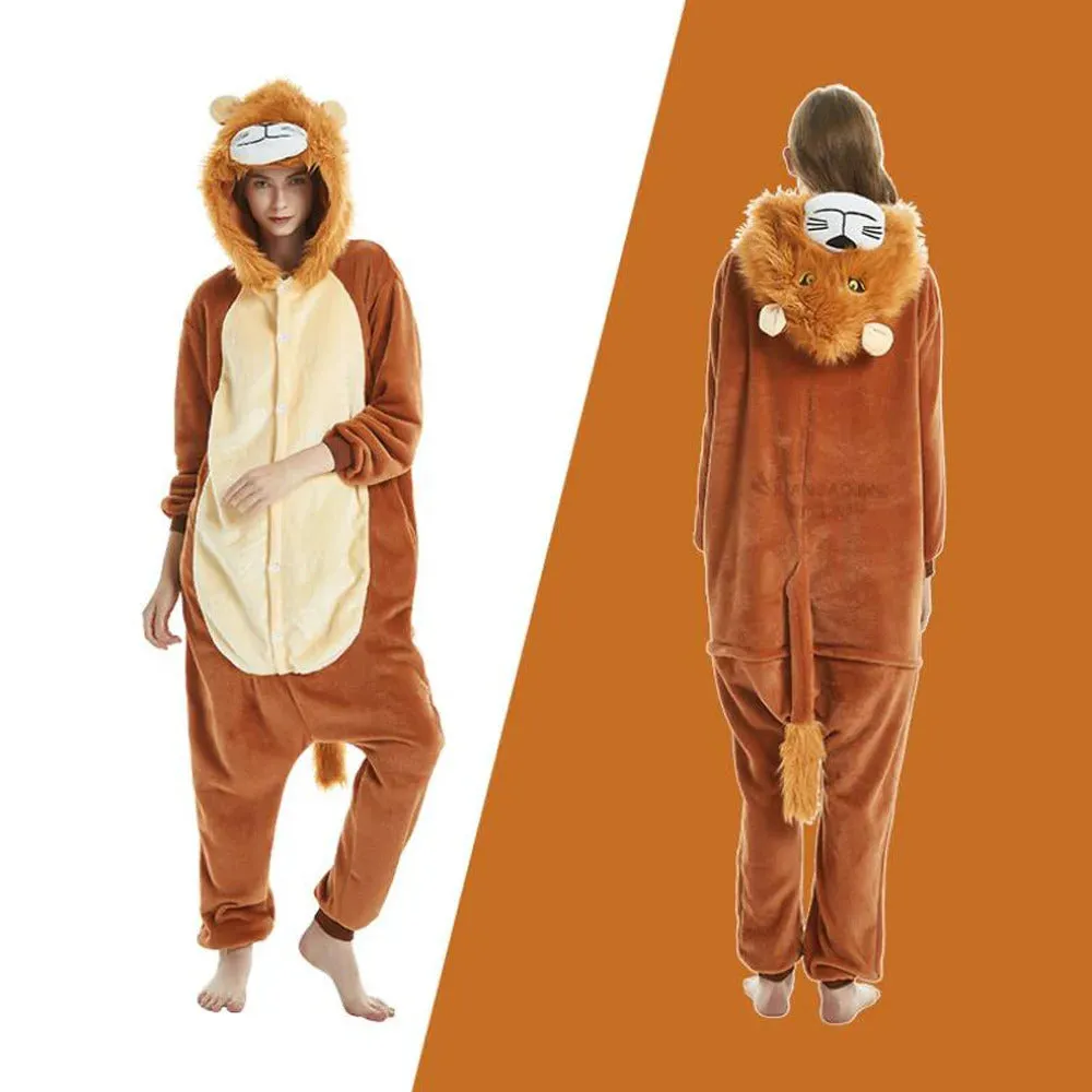 Adults Kigurumi Lion Panda Deer Dalmatians Animal Overall Hooded Jumpsuit with Zipper Women Pajamas One Piece Pijamas Plus Size