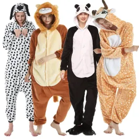 Adults Kigurumi Lion Panda Deer Dalmatians Animal Overall Hooded Jumpsuit with Zipper Women Pajamas One Piece Pijamas Plus Size