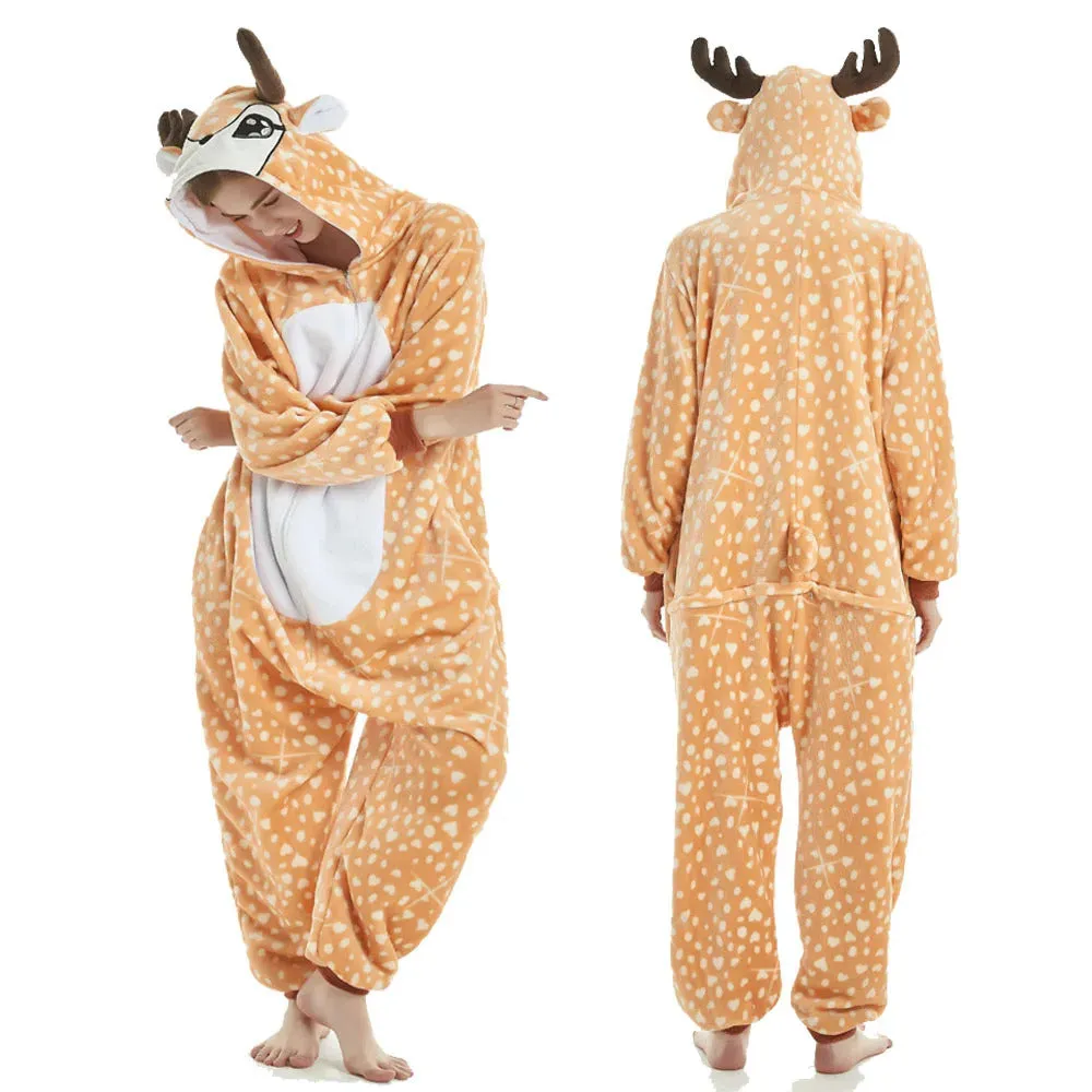 Adults Kigurumi Lion Panda Deer Dalmatians Animal Overall Hooded Jumpsuit with Zipper Women Pajamas One Piece Pijamas Plus Size