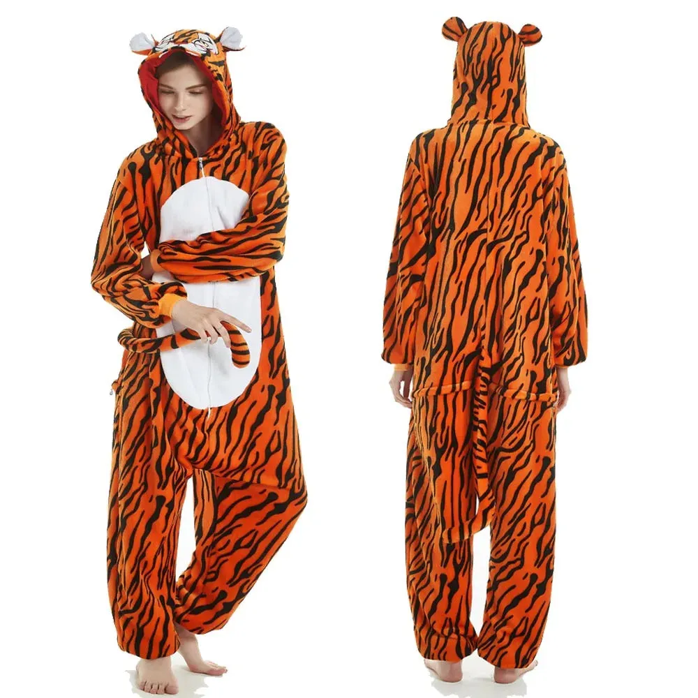 Adults Kigurumi Lion Panda Deer Dalmatians Animal Overall Hooded Jumpsuit with Zipper Women Pajamas One Piece Pijamas Plus Size