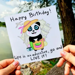 Adventure Awaits Panda Birthday Card, Travel-Themed Greeting for Her, Best Wishes for Adventure Lovers