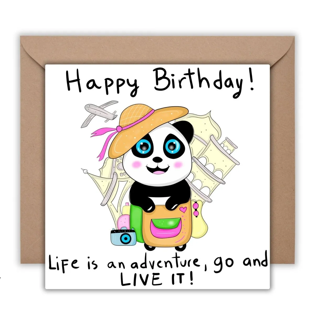 Adventure Awaits Panda Birthday Card, Travel-Themed Greeting for Her, Best Wishes for Adventure Lovers