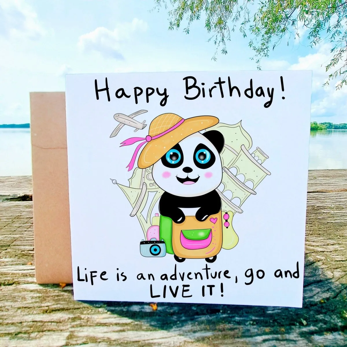 Adventure Awaits Panda Birthday Card, Travel-Themed Greeting for Her, Best Wishes for Adventure Lovers