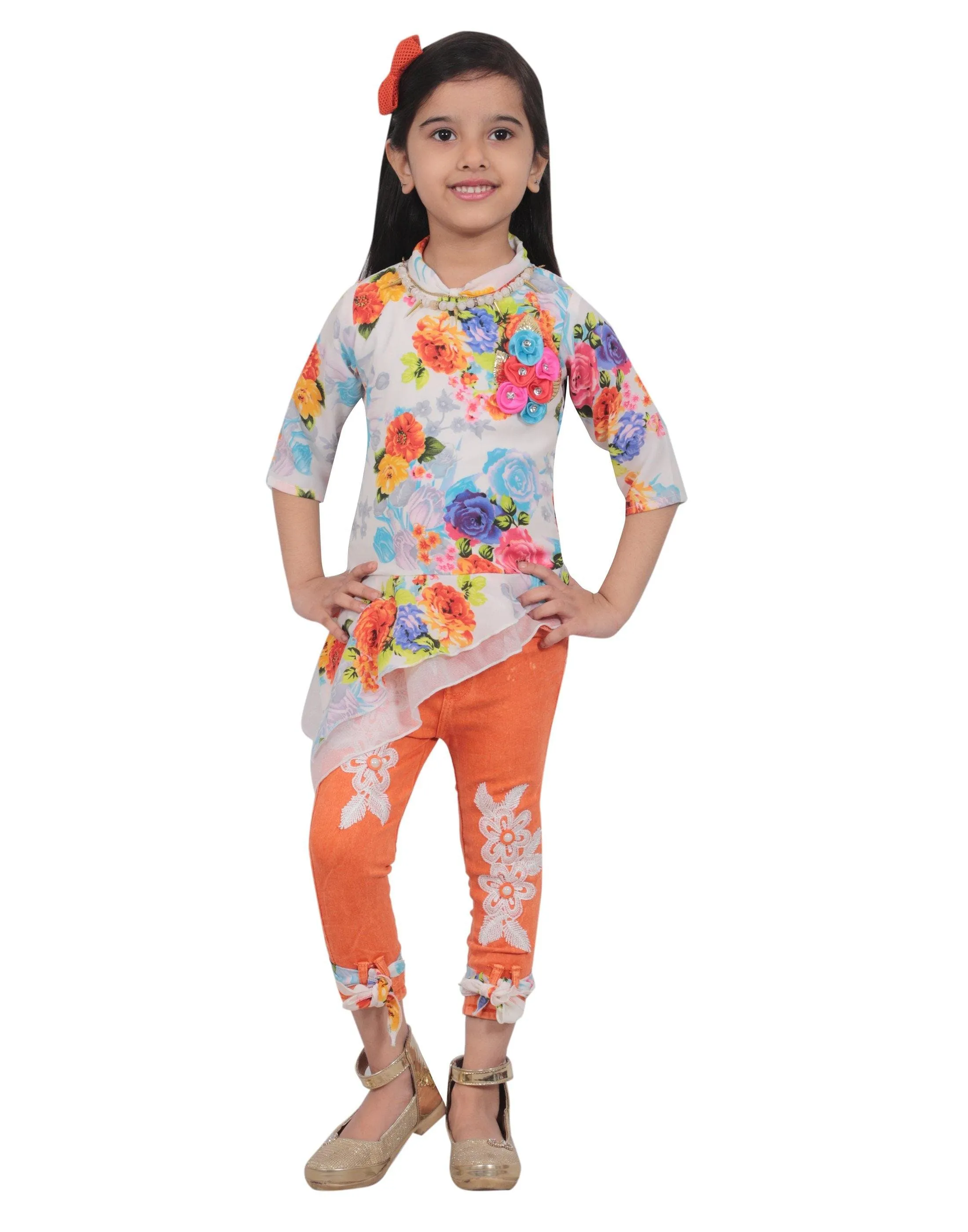 Ahhaaaa Kids Floral Top and Ankle Length Jeans for Girls