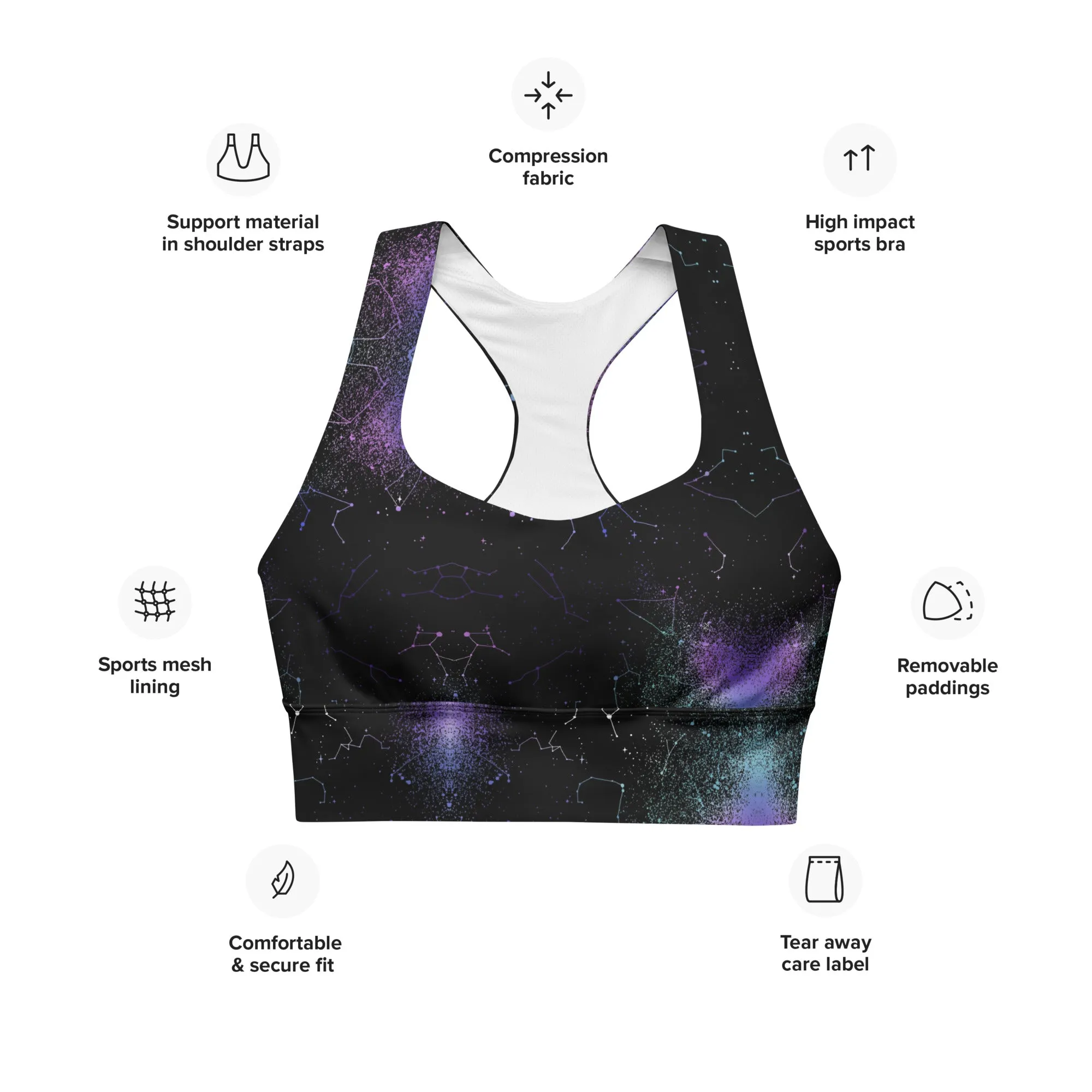 Aurora Longline Sports Bra - High Support Non-see-through Vegan Bra, Mesh Lined Goth Activewear with removable Padding & UPF 50 