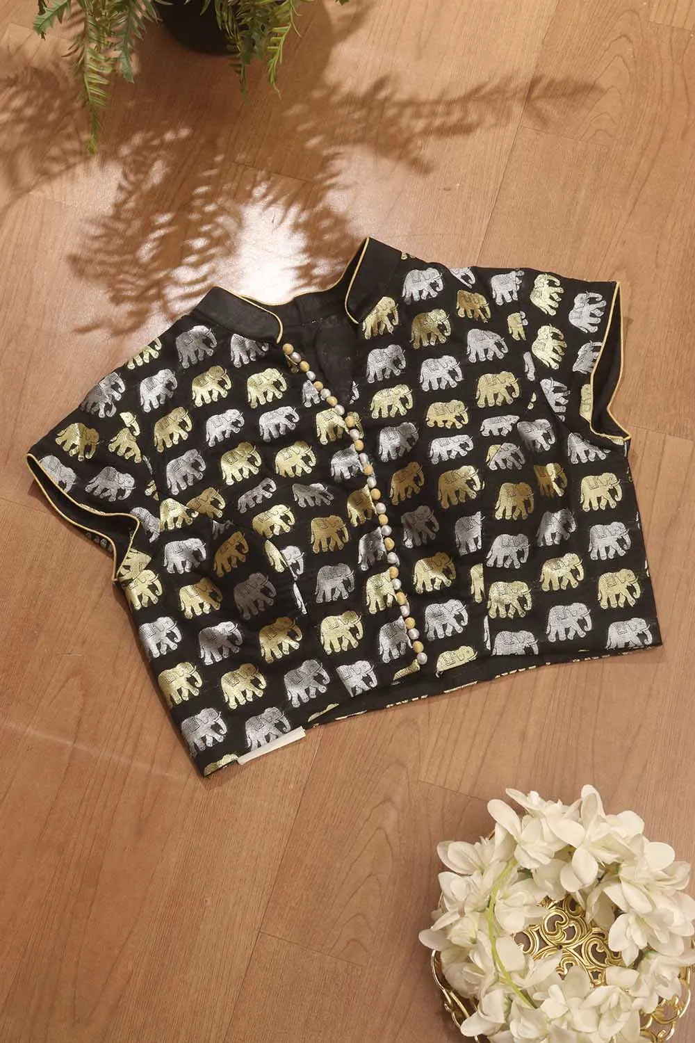 Black Banarasi Silk Potli Botton Padded Sona Roopa Elephant Design Blouse