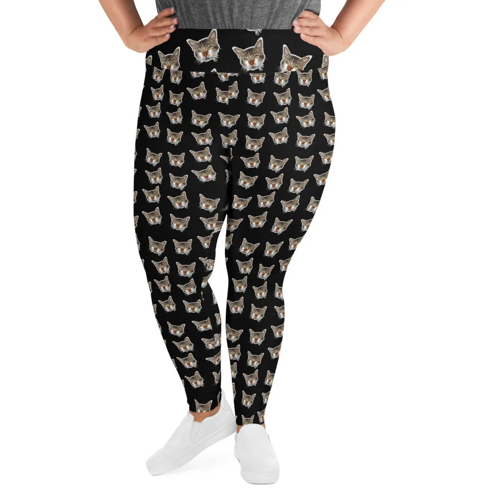 Black Cat Print Plus Size Leggings, Cute Cute Long Yoga Pants For Curvy Ladies- Made in USA/EU