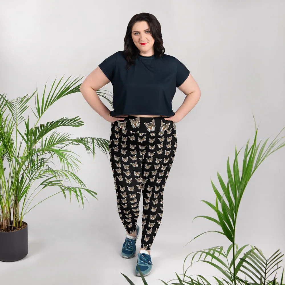 Black Cat Print Plus Size Leggings, Cute Cute Long Yoga Pants For Curvy Ladies- Made in USA/EU