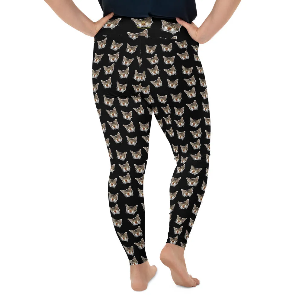 Black Cat Print Plus Size Leggings, Cute Cute Long Yoga Pants For Curvy Ladies- Made in USA/EU