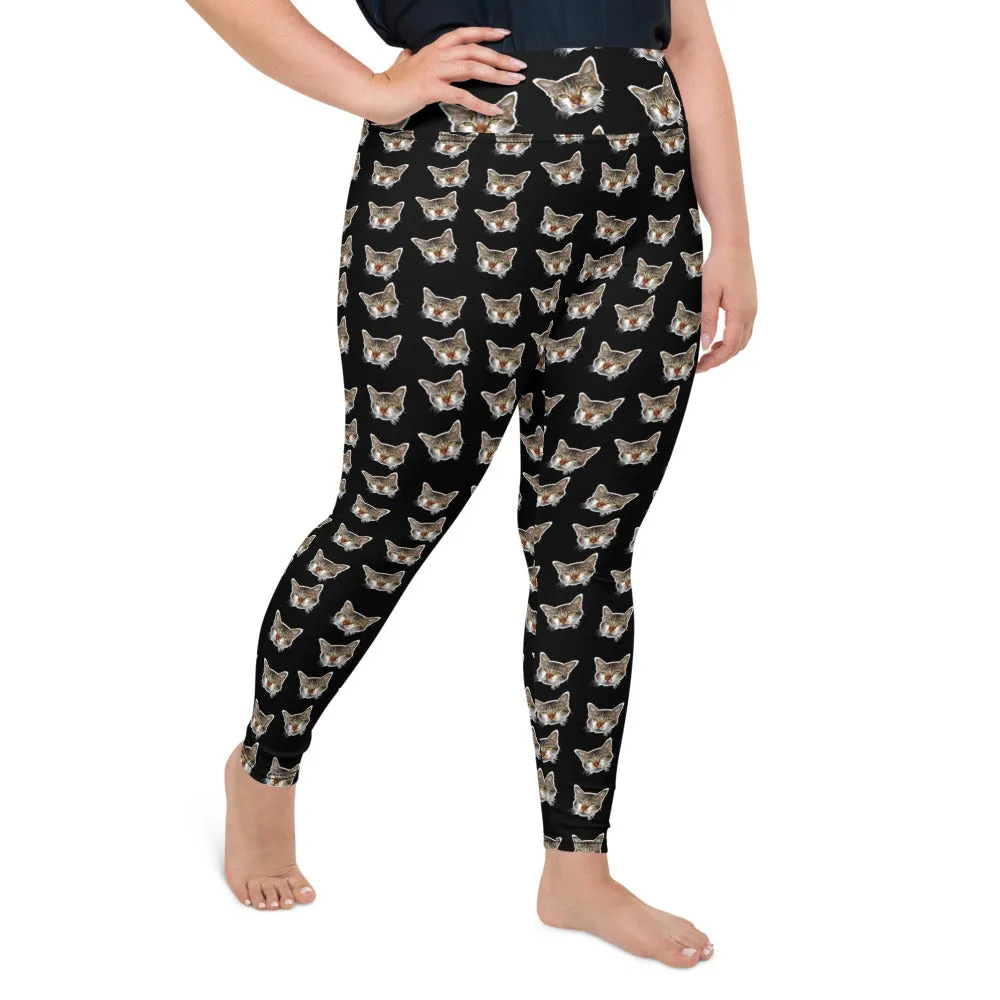 Black Cat Print Plus Size Leggings, Cute Cute Long Yoga Pants For Curvy Ladies- Made in USA/EU