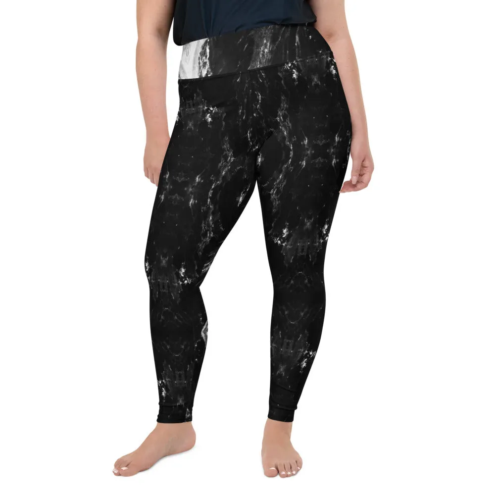 Black Marble Plus Size Leggings, Marbled Print Abstract Women's Yoga Pants-Made in USA/EU