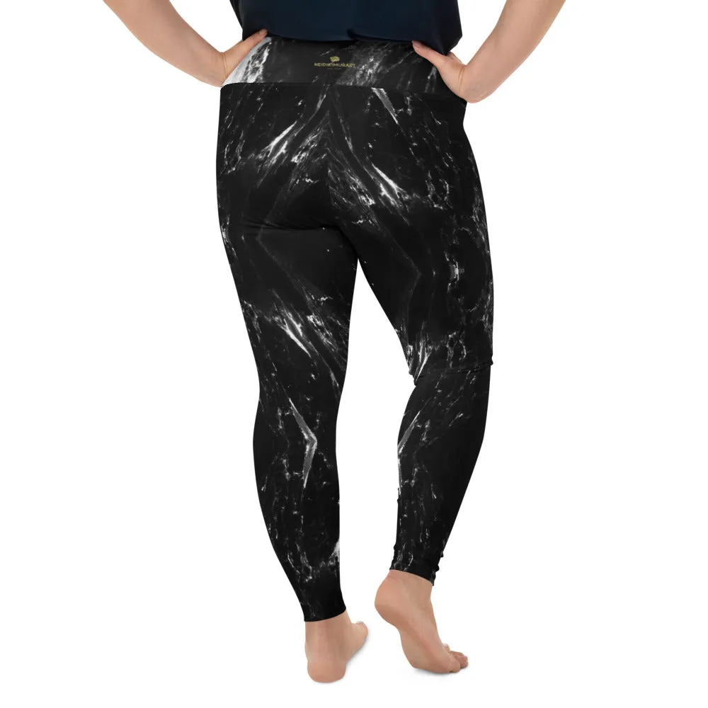 Black Marble Plus Size Leggings, Marbled Print Abstract Women's Yoga Pants-Made in USA/EU