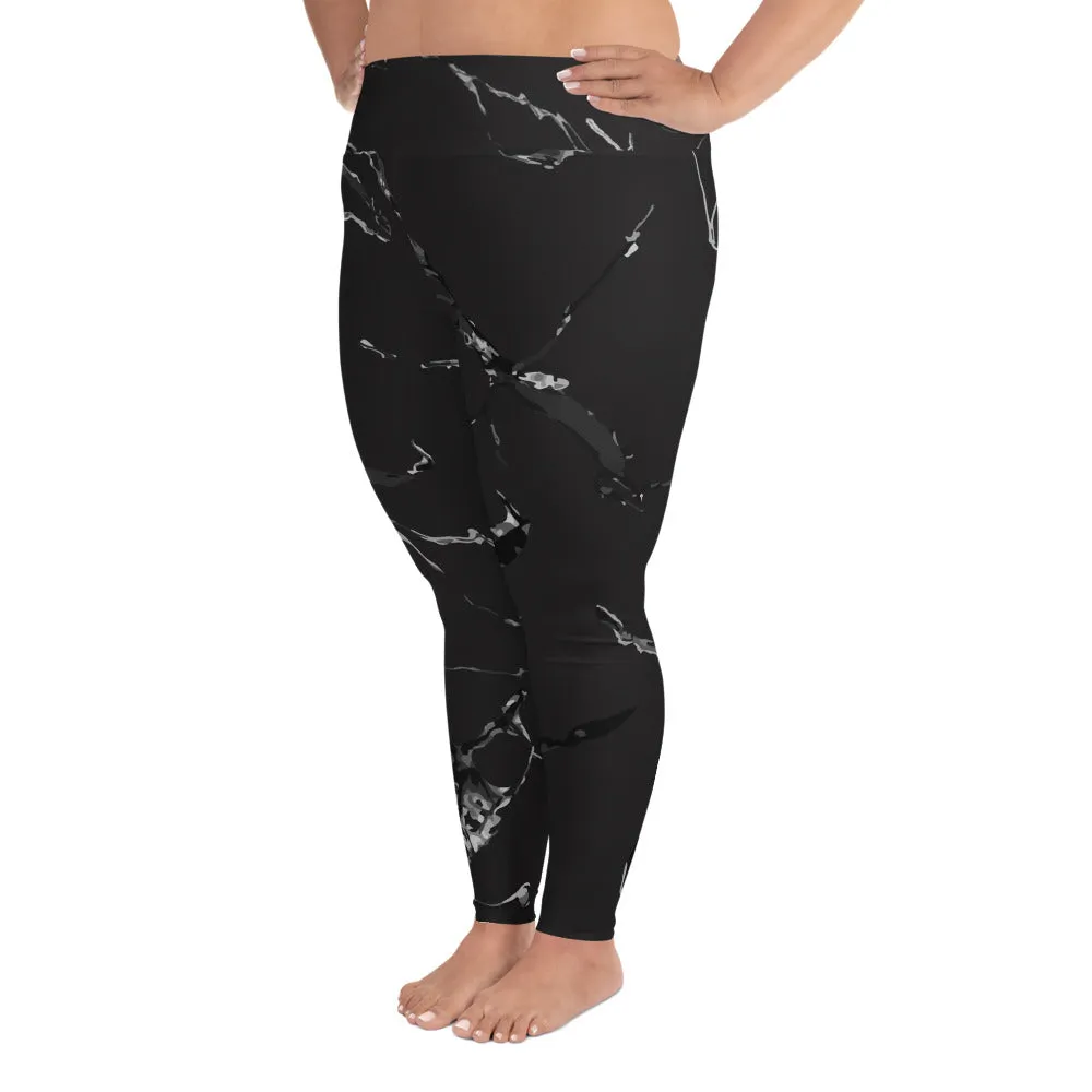 Black Marble Plus Size Leggings, Premium Women's Long Yoga Tights-Made in USA/EU