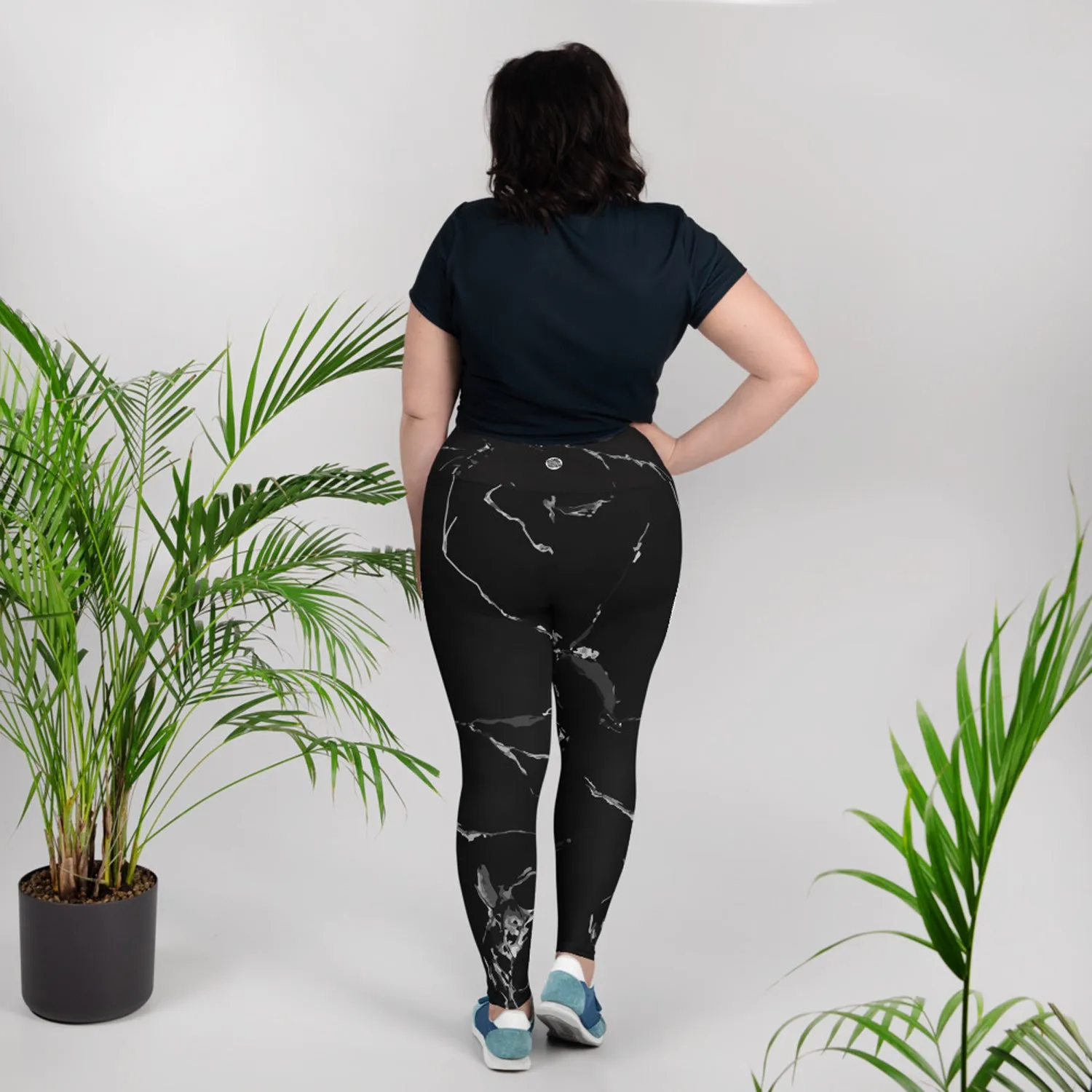 Black Marble Plus Size Leggings, Premium Women's Long Yoga Tights-Made in USA/EU