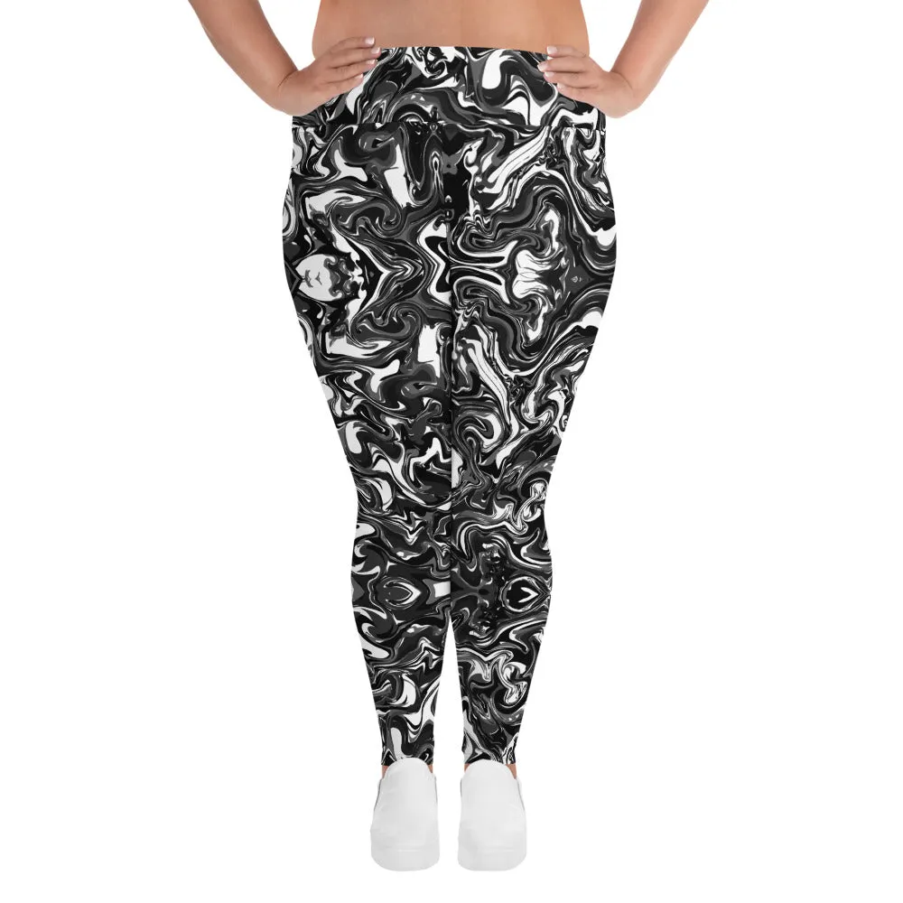 Black Marbled Plus Size Leggings, Abstract Marble Print Women's Yoga Pants-Made in USA/EU