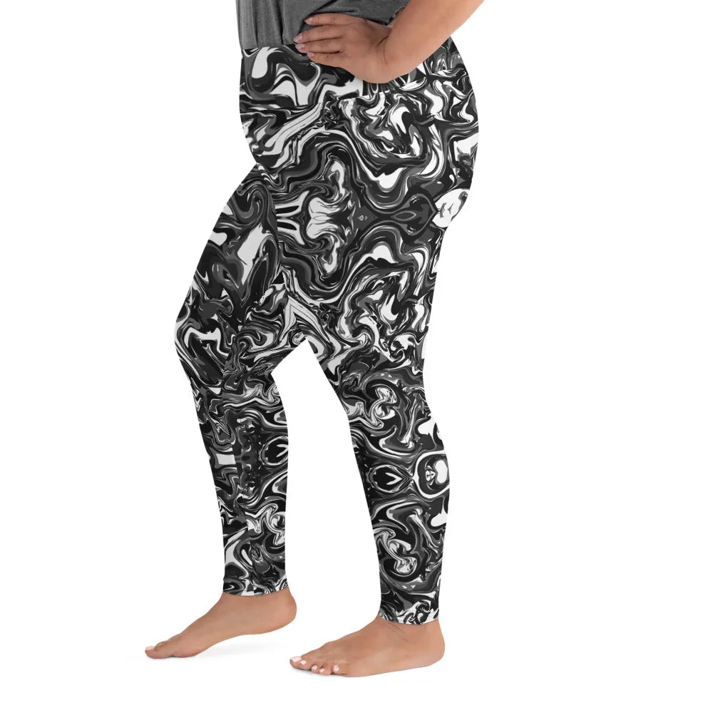 Black Marbled Plus Size Leggings, Abstract Marble Print Women's Yoga Pants-Made in USA/EU