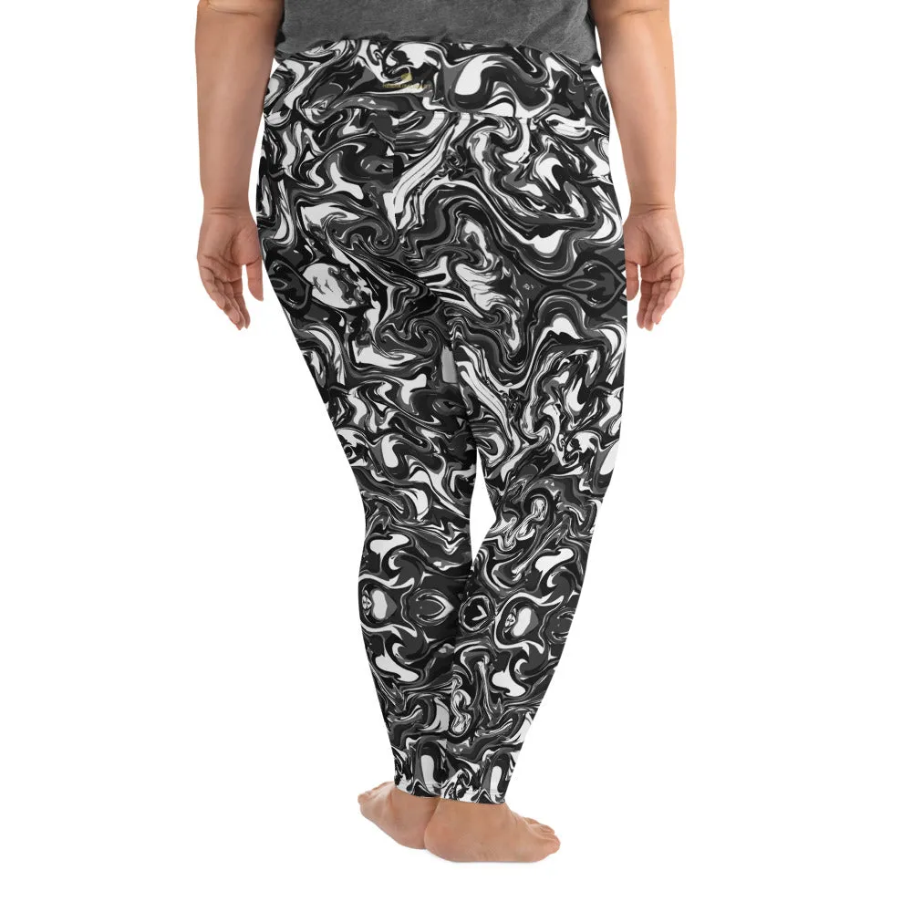 Black Marbled Plus Size Leggings, Abstract Marble Print Women's Yoga Pants-Made in USA/EU