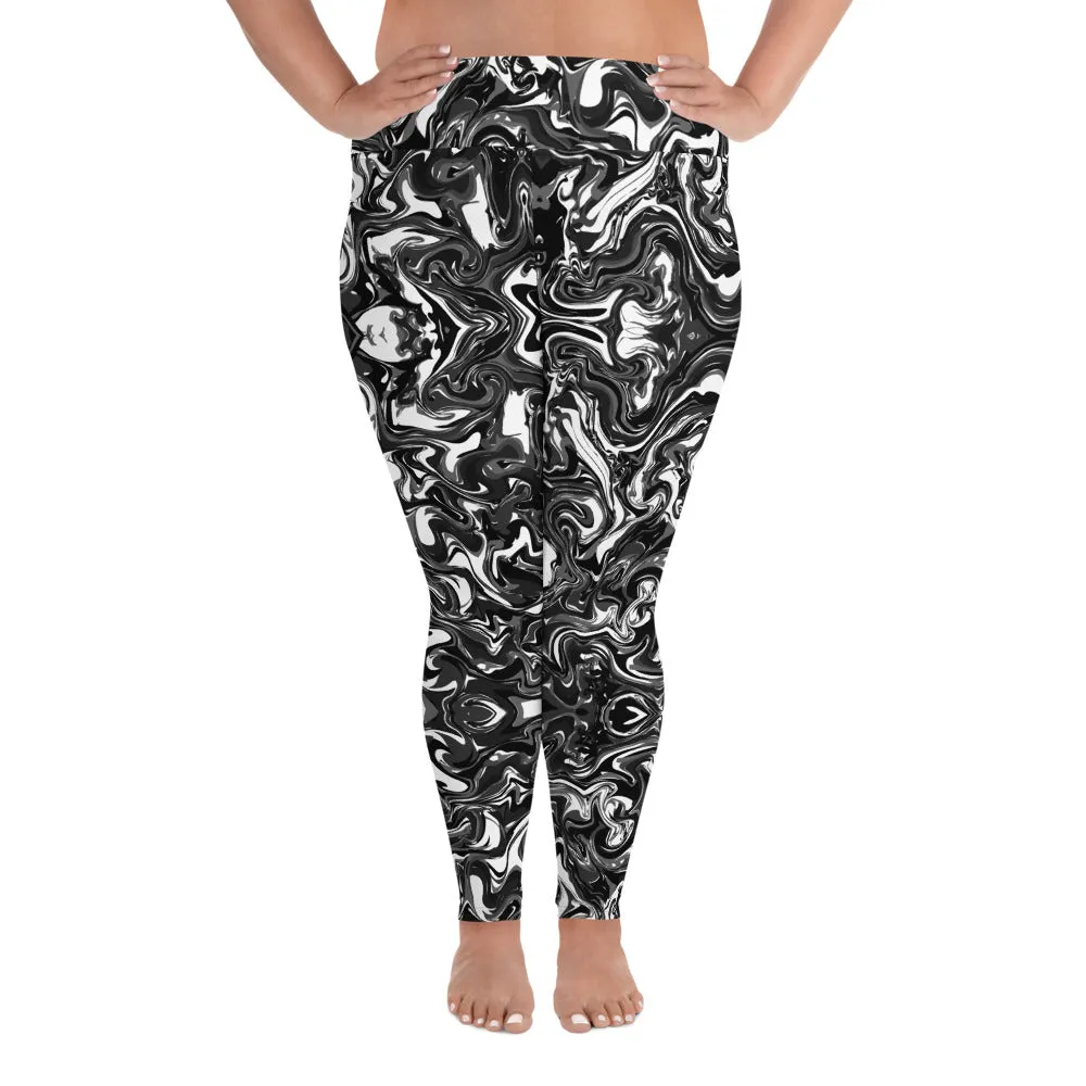 Black Marbled Plus Size Leggings, Abstract Marble Print Women's Yoga Pants-Made in USA/EU