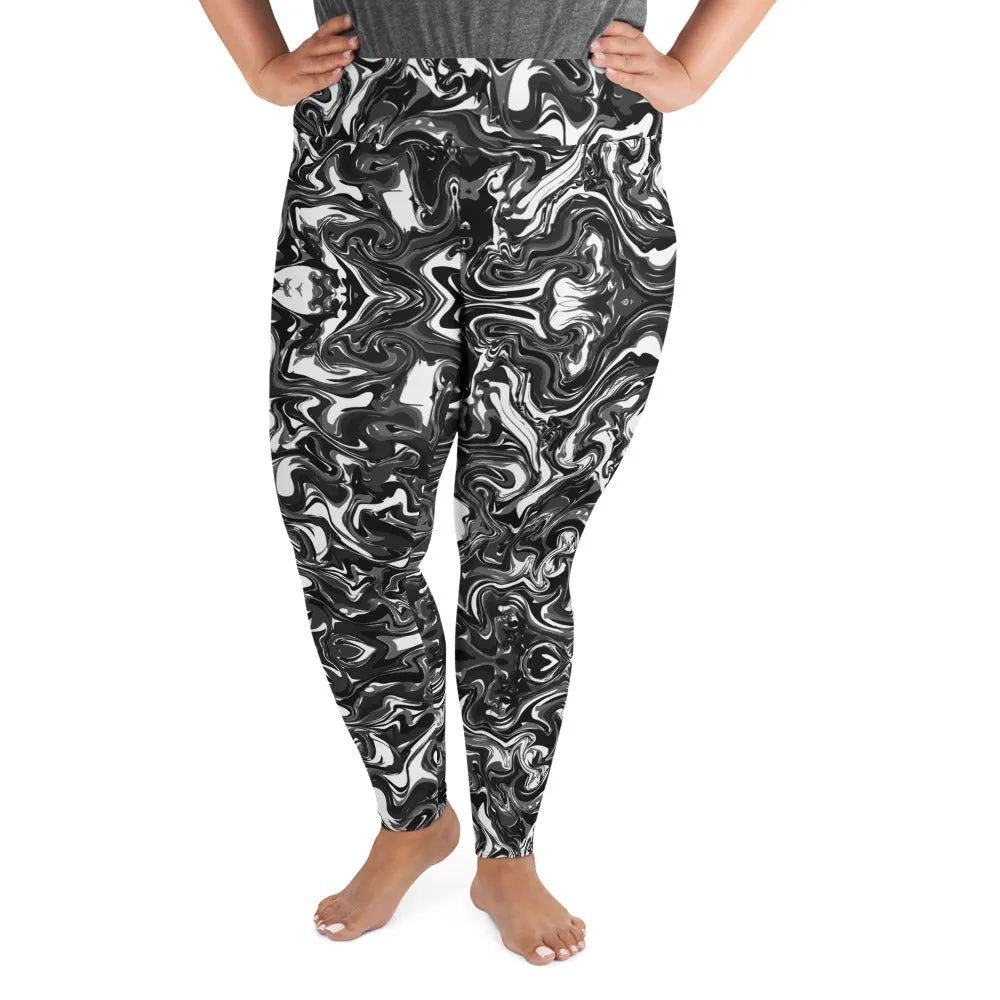 Black Marbled Plus Size Leggings, Abstract Marble Print Women's Yoga Pants-Made in USA/EU