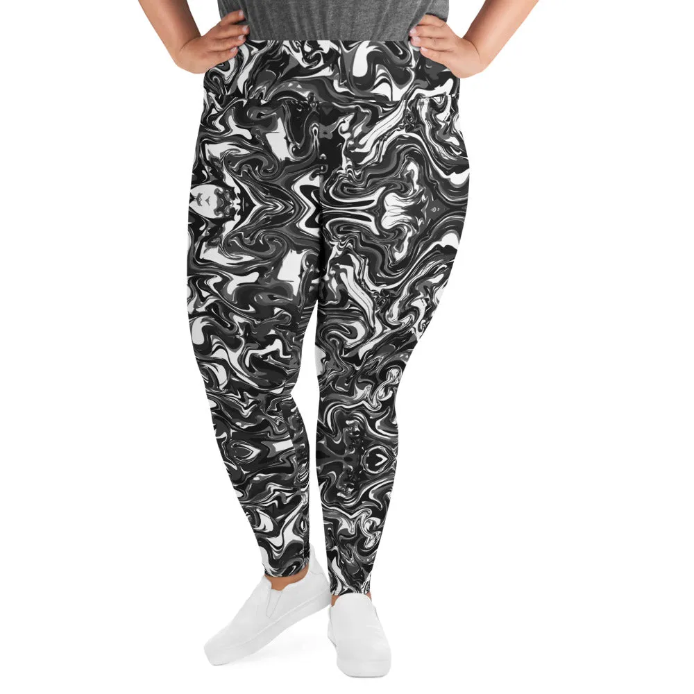 Black Marbled Plus Size Leggings, Abstract Marble Print Women's Yoga Pants-Made in USA/EU