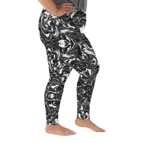 Black Marbled Plus Size Leggings, Abstract Marble Print Women's Yoga Pants-Made in USA/EU