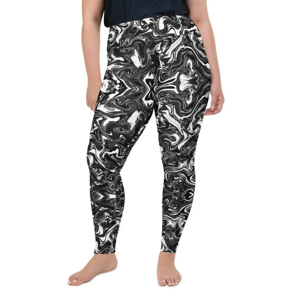 Black Marbled Plus Size Leggings, Abstract Marble Print Women's Yoga Pants-Made in USA/EU