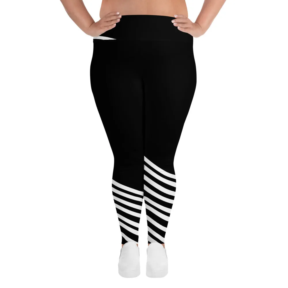 Black Striped Plus Size leggings, Diagonal Stripe Women's Long Tights-Made in USA/EU