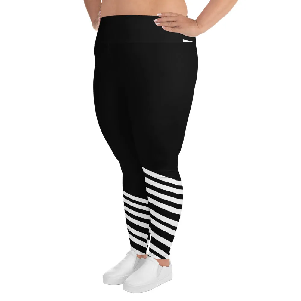 Black Striped Plus Size leggings, Diagonal Stripe Women's Long Tights-Made in USA/EU