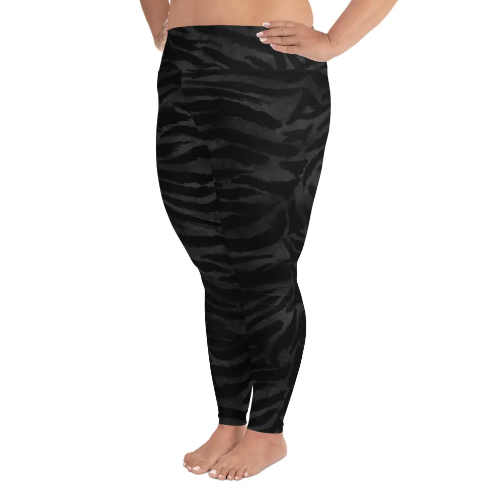 Black Tiger Plus Size Leggings, Animal Stripe Print Women's High Waist Long Yoga Pants - Made in USA/EU/MX