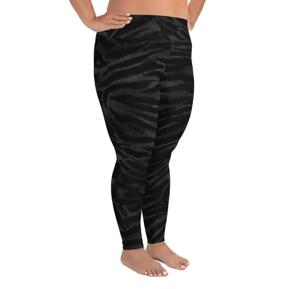 Black Tiger Plus Size Leggings, Animal Stripe Print Women's High Waist Long Yoga Pants - Made in USA/EU/MX