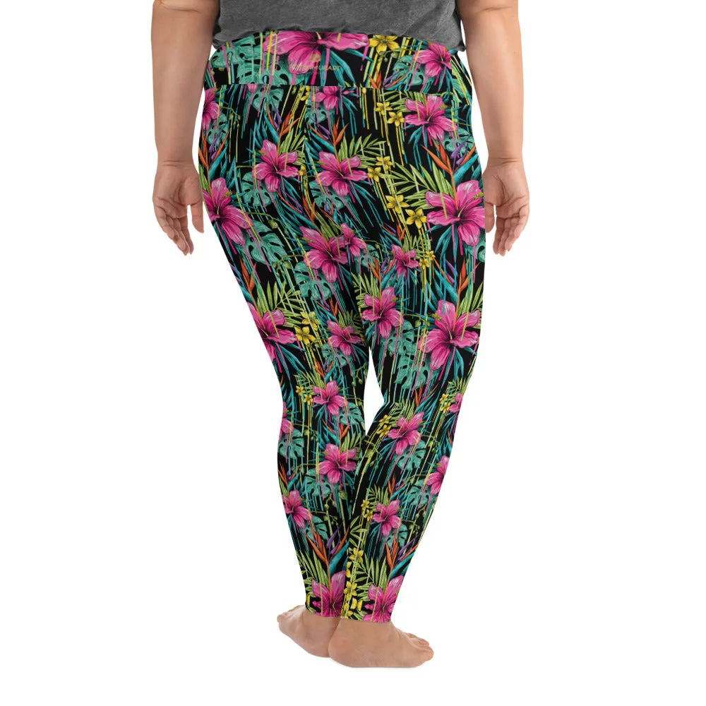 Black Tropical Plus Size Leggings, Floral Print Women's Long Yoga Tights-Made in USA/EU