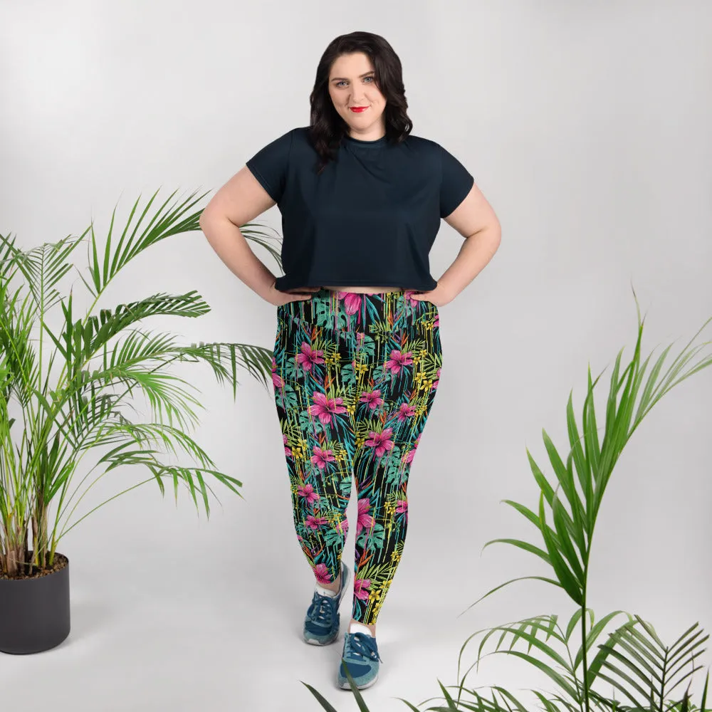 Black Tropical Plus Size Leggings, Floral Print Women's Long Yoga Tights-Made in USA/EU