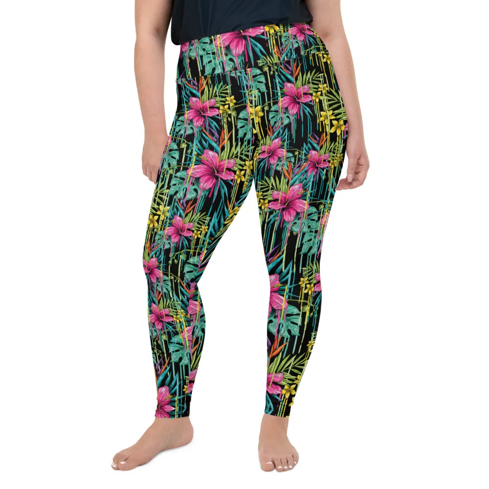 Black Tropical Plus Size Leggings, Floral Print Women's Long Yoga Tights-Made in USA/EU