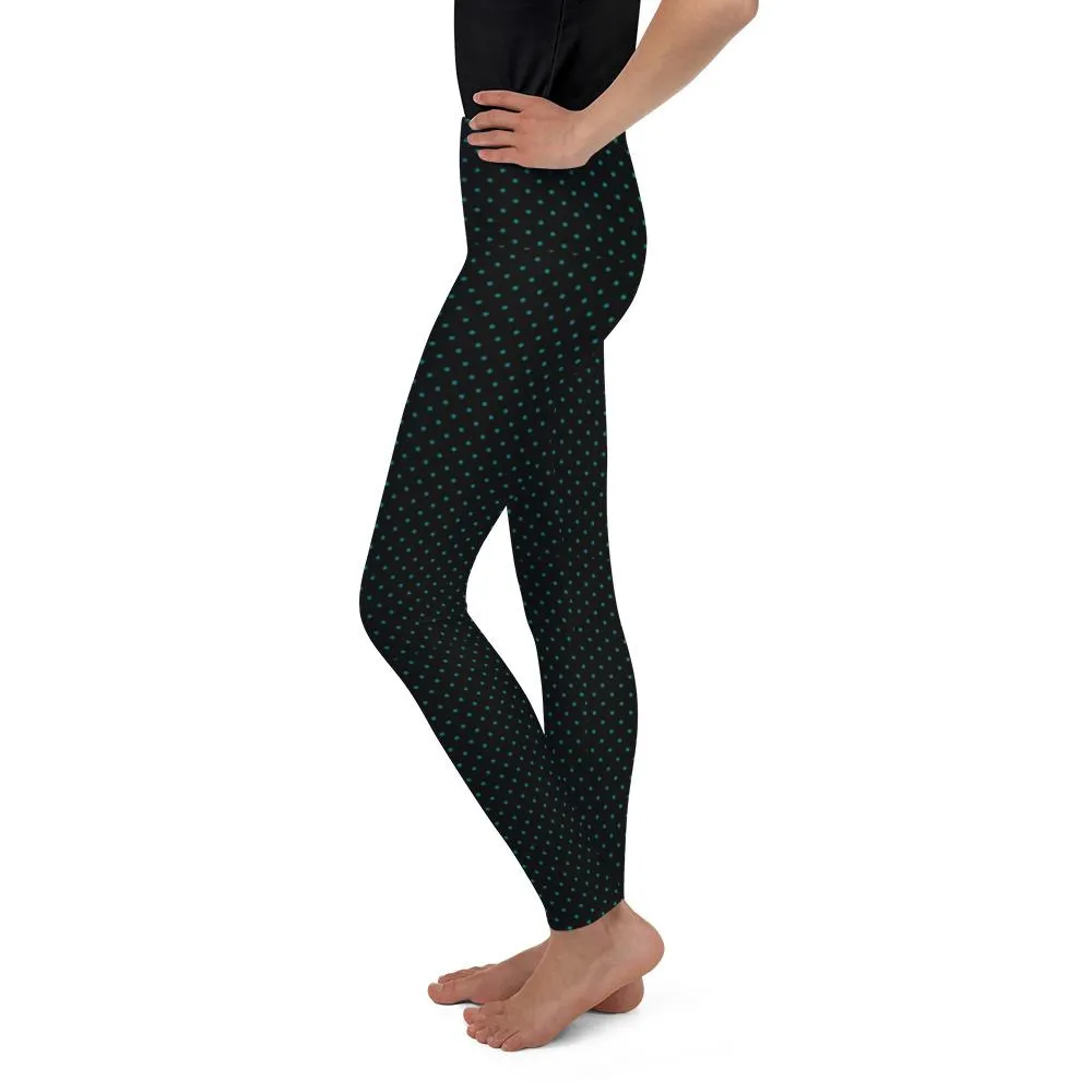 Blue Dots Print Youth Leggings, Polka Dots 38-40 UPF Unisex Long Tights- Made in USA/ EU