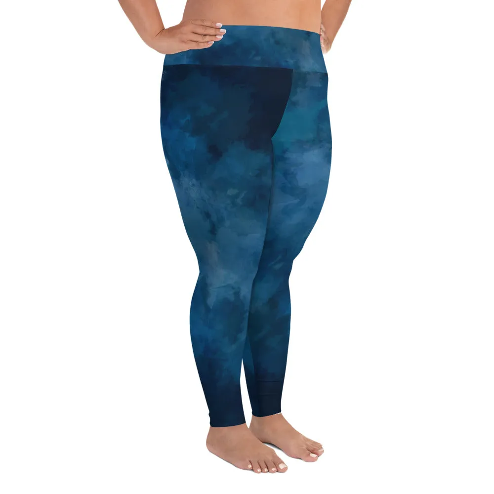 Blue Plus Size Women's Leggings, Abstract Long Yoga Pants For Curvy Women-Made in USA/EU