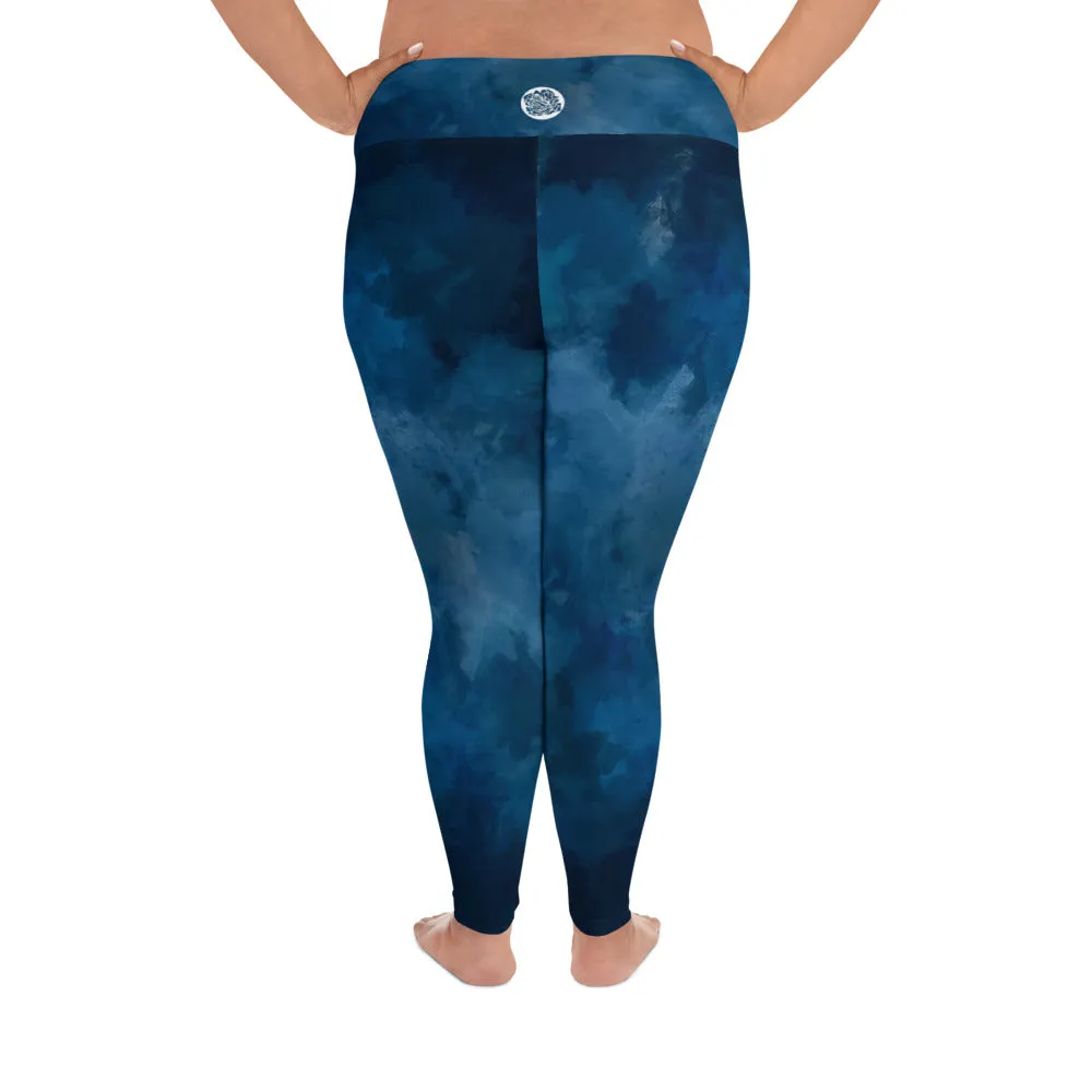 Blue Plus Size Women's Leggings, Abstract Long Yoga Pants For Curvy Women-Made in USA/EU