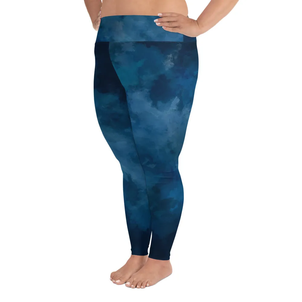 Blue Plus Size Women's Leggings, Abstract Long Yoga Pants For Curvy Women-Made in USA/EU